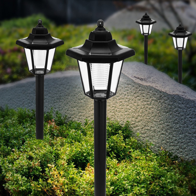 Napelemes kültéri kertvilágítás ösvényhez, hexagonális forma, IP55, 0,05 W, üzemidő 6–12 óra, megvilágítási terület 3–5 m², legfeljebb 36 V