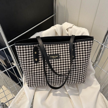 Unisex Houndstooth Tote torba – PU materijal, vodoravni kvadratni oblik, zatvaranje na zip, unutarnja džep sa zipom