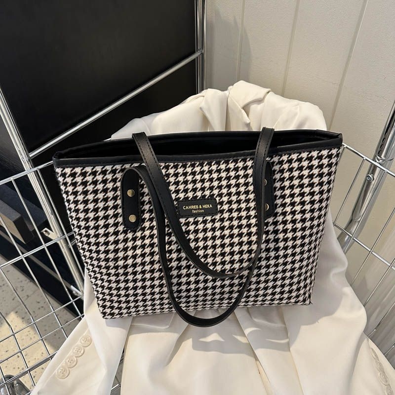 Unisex Houndstooth Tote torba – PU materijal, vodoravni kvadratni oblik, zatvaranje na zip, unutarnja džep sa zipom