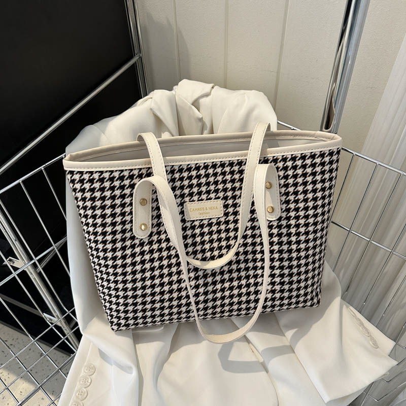 Unisex Houndstooth Tote torba – PU materijal, vodoravni kvadratni oblik, zatvaranje na zip, unutarnja džep sa zipom
