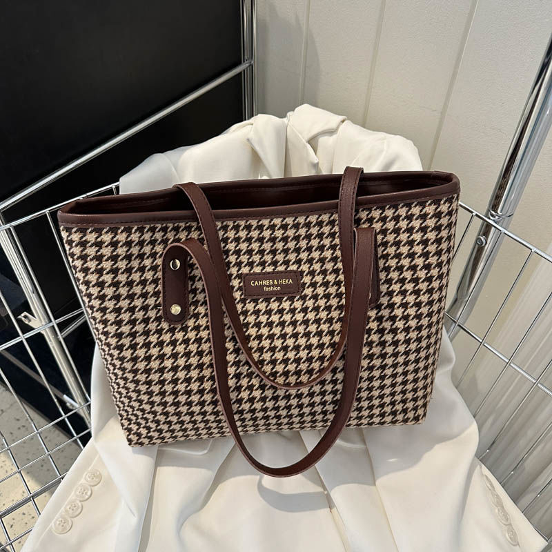 Unisex Houndstooth Tote torba – PU materijal, vodoravni kvadratni oblik, zatvaranje na zip, unutarnja džep sa zipom