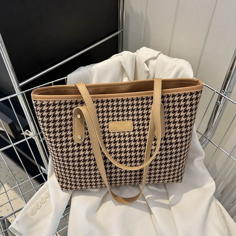 Unisex Houndstooth Tote torba – PU materijal, vodoravni kvadratni oblik, zatvaranje na zip, unutarnja džep sa zipom