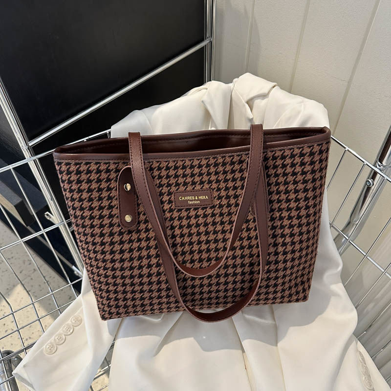 Unisex Houndstooth Tote torba – PU materijal, vodoravni kvadratni oblik, zatvaranje na zip, unutarnja džep sa zipom