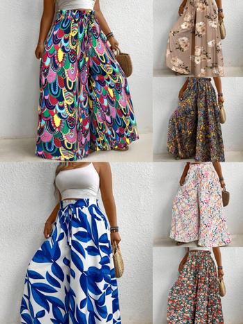 Női boho tollas mintás széles lábú nadrág, poliészter-spandex, tavasz 2025, street hipster stílus, laza derekú, kollázs részlet