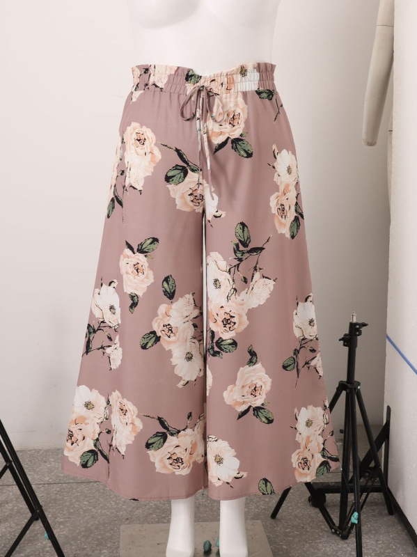 Дамски широки панталони с Bohemian пера печат, полиестер-спандекс, пролет 2025, уличен хипстър стил, свободна талия, колаж детайл