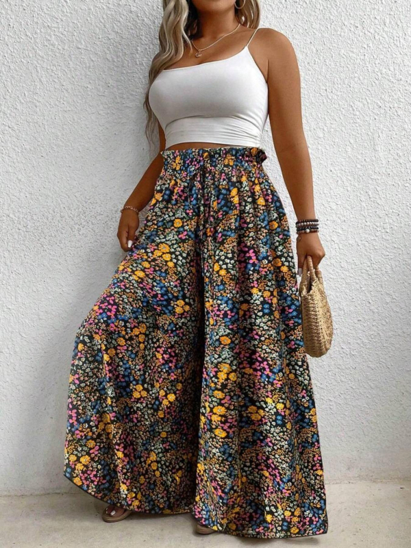 Női boho tollas mintás széles lábú nadrág, poliészter-spandex, tavasz 2025, street hipster stílus, laza derekú, kollázs részlet