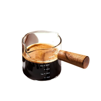Φλυτζάνι εσπρέσο με γυάλινο σώμα και κλίμακα μέτρησης, ξύλινο χερούλι – μοντέρνο απλό στυλ καφέ φλιτζάνι με εκτυπωμένο λογότυπο