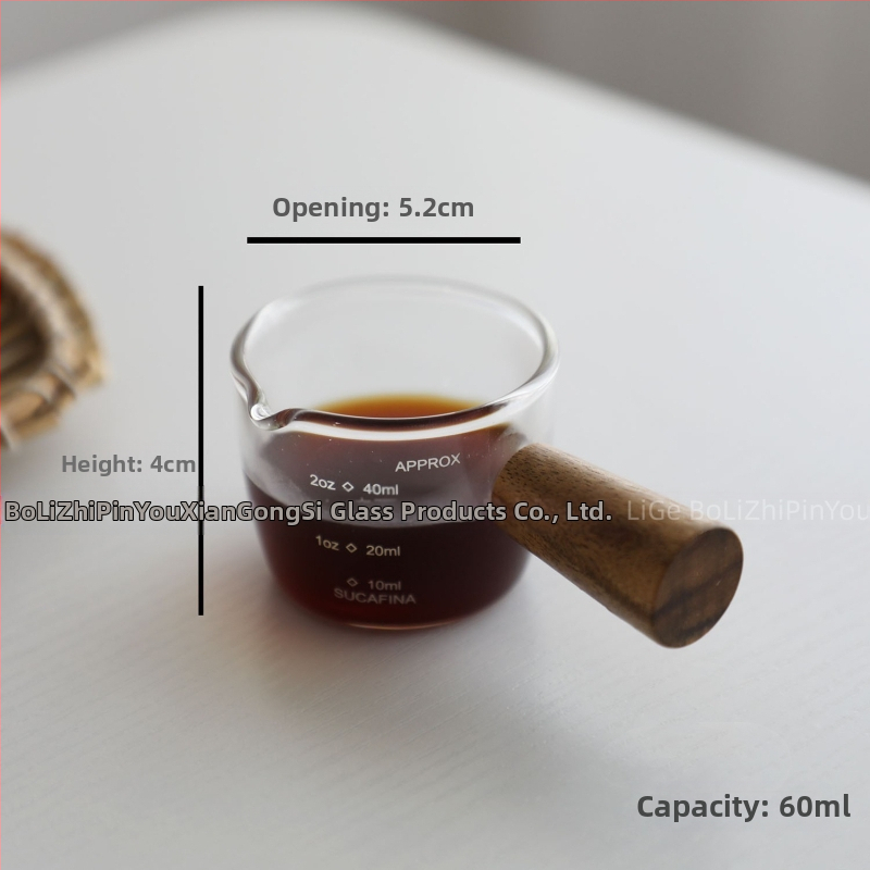 Φλυτζάνι εσπρέσο με γυάλινο σώμα και κλίμακα μέτρησης, ξύλινο χερούλι – μοντέρνο απλό στυλ καφέ φλιτζάνι με εκτυπωμένο λογότυπο