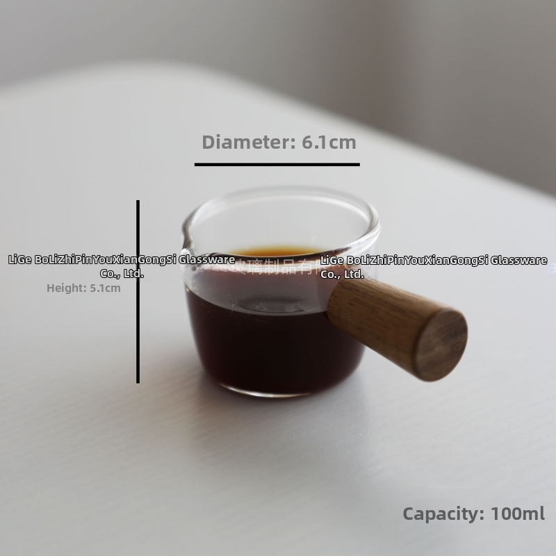 Φλυτζάνι εσπρέσο με γυάλινο σώμα και κλίμακα μέτρησης, ξύλινο χερούλι – μοντέρνο απλό στυλ καφέ φλιτζάνι με εκτυπωμένο λογότυπο