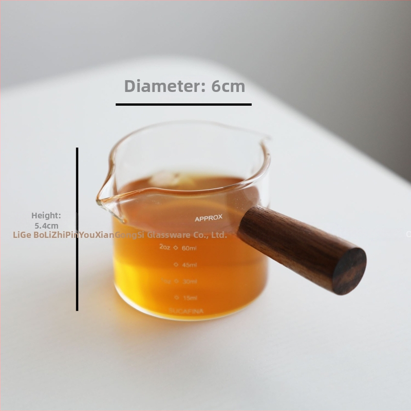 Φλυτζάνι εσπρέσο με γυάλινο σώμα και κλίμακα μέτρησης, ξύλινο χερούλι – μοντέρνο απλό στυλ καφέ φλιτζάνι με εκτυπωμένο λογότυπο