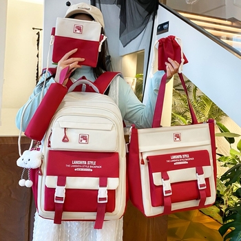 Kórejský štýl patchwork školský batoh, päťdielny set s veľkou kapacitou (Unisex, plátenný materiál, ramenné popruhy s vzdušnými vankúšmi, polyesterová podšívka, pre gymnázium)