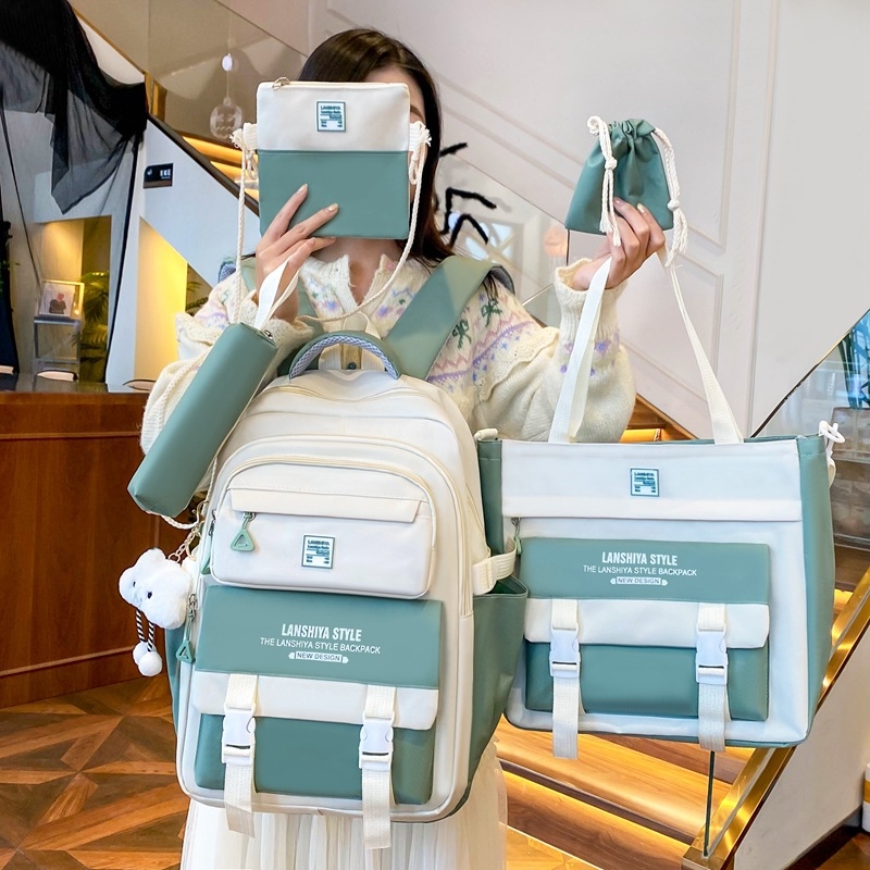 Kórejský štýl patchwork školský batoh, päťdielny set s veľkou kapacitou (Unisex, plátenný materiál, ramenné popruhy s vzdušnými vankúšmi, polyesterová podšívka, pre gymnázium)