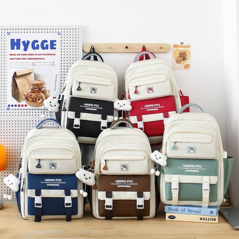 Kórejský štýl patchwork školský batoh, päťdielny set s veľkou kapacitou (Unisex, plátenný materiál, ramenné popruhy s vzdušnými vankúšmi, polyesterová podšívka, pre gymnázium)