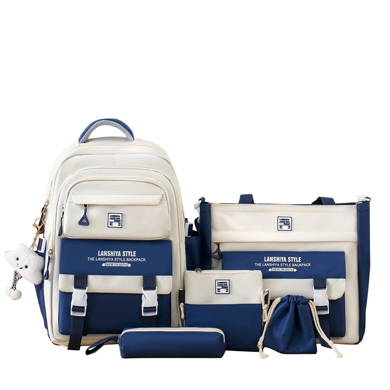 Kórejský štýl patchwork školský batoh, päťdielny set s veľkou kapacitou (Unisex, plátenný materiál, ramenné popruhy s vzdušnými vankúšmi, polyesterová podšívka, pre gymnázium)