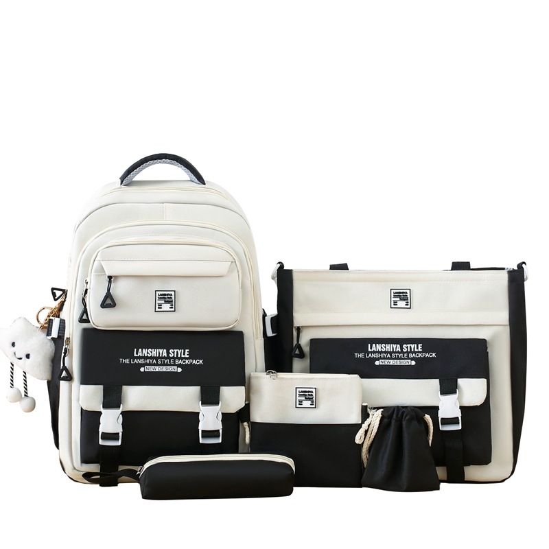 Kórejský štýl patchwork školský batoh, päťdielny set s veľkou kapacitou (Unisex, plátenný materiál, ramenné popruhy s vzdušnými vankúšmi, polyesterová podšívka, pre gymnázium)