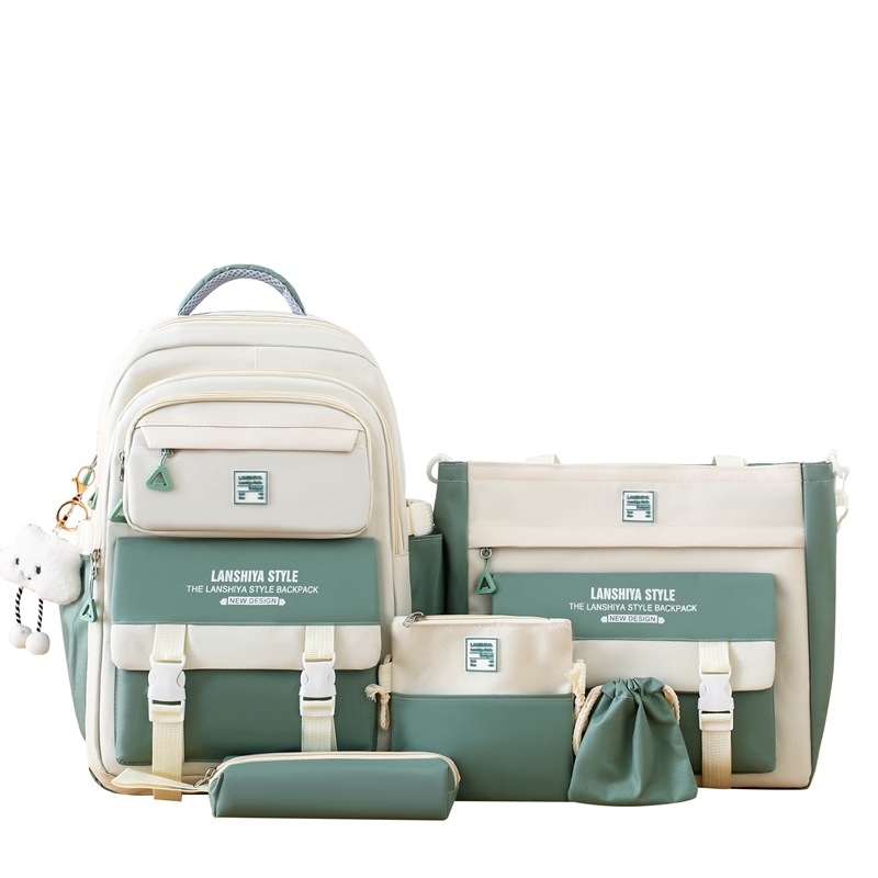 Kórejský štýl patchwork školský batoh, päťdielny set s veľkou kapacitou (Unisex, plátenný materiál, ramenné popruhy s vzdušnými vankúšmi, polyesterová podšívka, pre gymnázium)