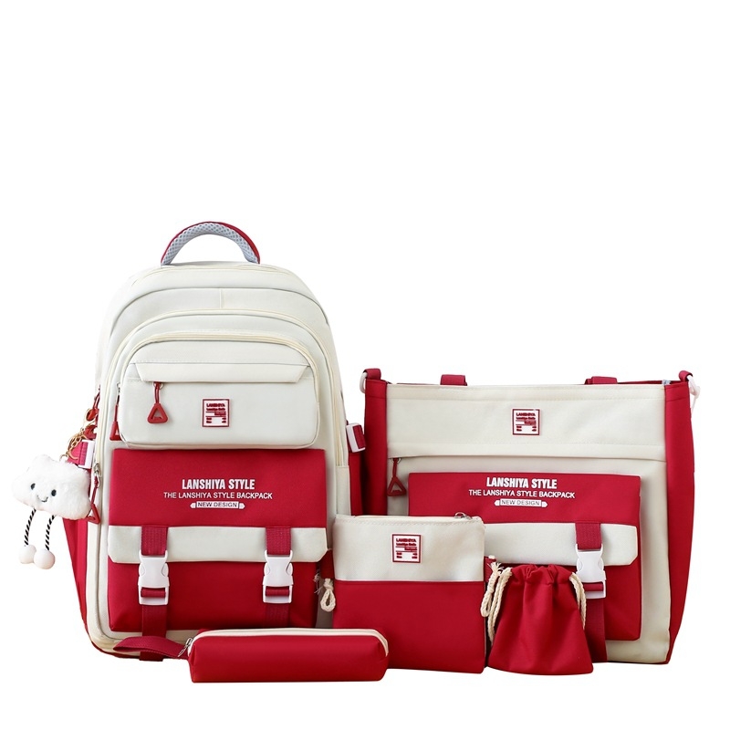 Kórejský štýl patchwork školský batoh, päťdielny set s veľkou kapacitou (Unisex, plátenný materiál, ramenné popruhy s vzdušnými vankúšmi, polyesterová podšívka, pre gymnázium)