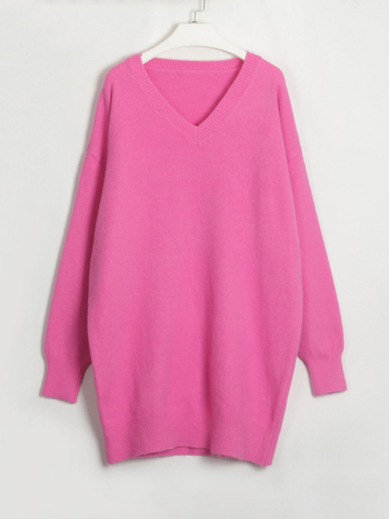 Rochie tricotată cu decolteu în V, mâneci lungi – stil pulover, talie la nivel mediu, amestec acrilic/poliester/poliamidă