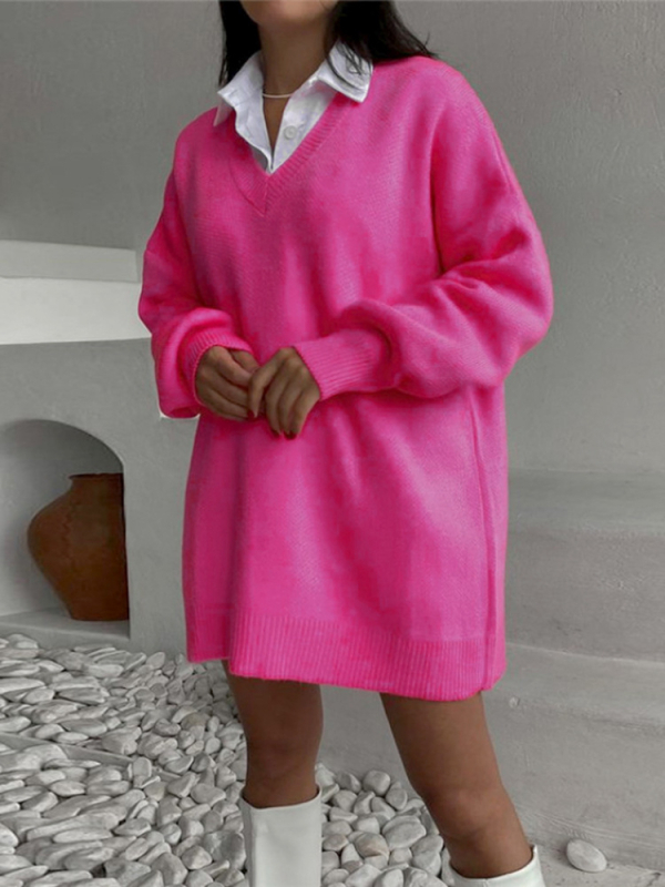 Rochie tricotată cu decolteu în V, mâneci lungi – stil pulover, talie la nivel mediu, amestec acrilic/poliester/poliamidă