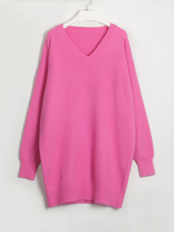 Rochie tricotată cu decolteu în V, mâneci lungi – stil pulover, talie la nivel mediu, amestec acrilic/poliester/poliamidă