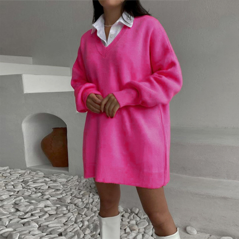 Rochie tricotată cu decolteu în V, mâneci lungi – stil pulover, talie la nivel mediu, amestec acrilic/poliester/poliamidă