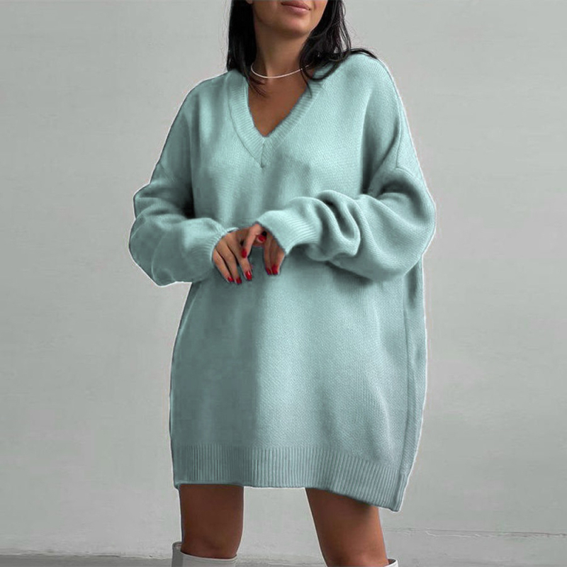 Rochie tricotată cu decolteu în V, mâneci lungi – stil pulover, talie la nivel mediu, amestec acrilic/poliester/poliamidă