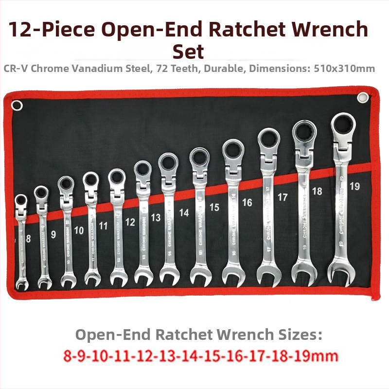 12 dalių su movuojama galva veržliakmių rinkinys, chromuotas paviršius, chromo vanadžio plienas, 72 dantų mechanizmas