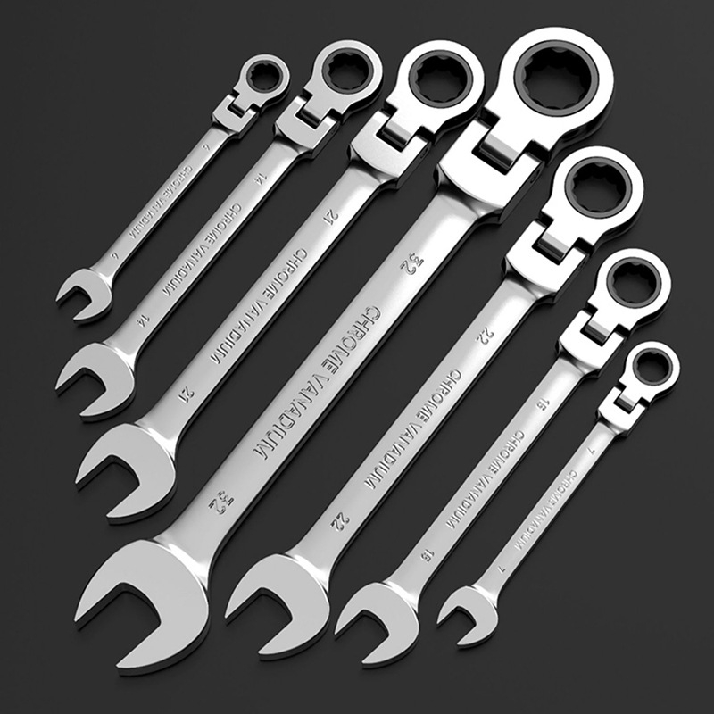 12-частен комплект гаечни ключове с подвижна глава, хромирана повърхност, хром ванадиева стомана, 72-зъбен механизъм