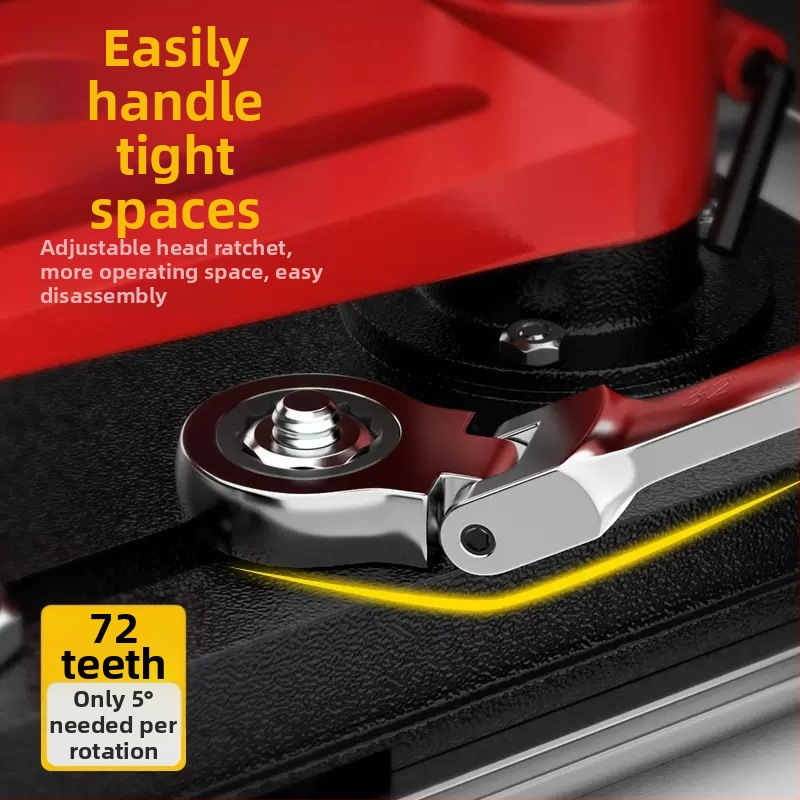 12-частен комплект гаечни ключове с подвижна глава, хромирана повърхност, хром ванадиева стомана, 72-зъбен механизъм