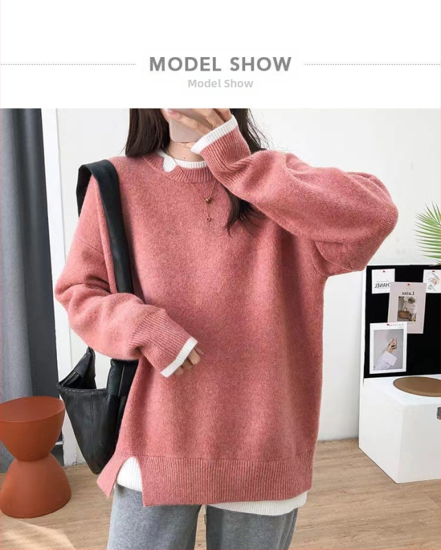 Pletený sveter so vzorom color-block, falošný dva kusový dizajn, voľný strih, kruhový výstrih, dlhé rukávy