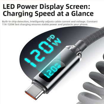 USB-C кабел за бързо зареждане с цифров дисплей, Type-C интерфейс, 120W, плетен кабел, една глава