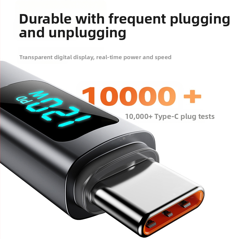 USB-C kábel pre rýchle nabíjanie s digitálnym displejom, Type-C rozhranie, 120W, opletený kábel, jednohlavý Type-C konektor