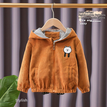 Unisex dječja jakna od korduroja s izvezene medvjedić, kapuljača, jesen 2024