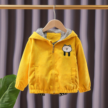 Unisex dječja jakna od korduroja s izvezene medvjedić, kapuljača, jesen 2024