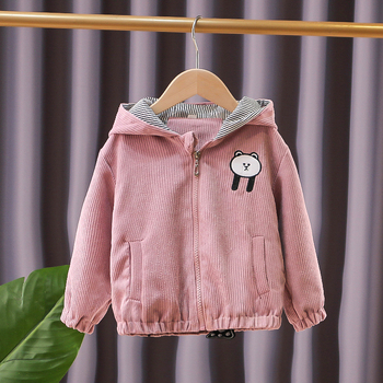 Unisex dječja jakna od korduroja s izvezene medvjedić, kapuljača, jesen 2024