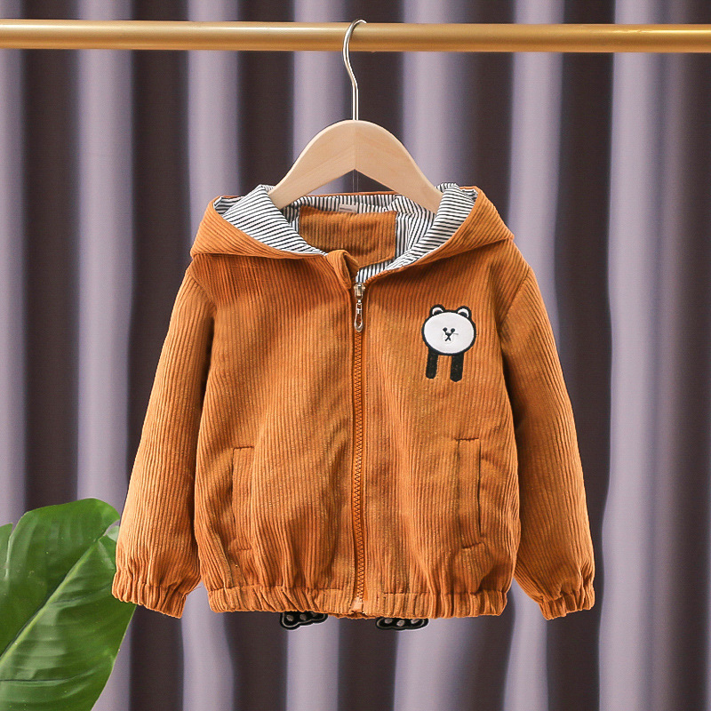 Unisex dječja jakna od korduroja s izvezene medvjedić, kapuljača, jesen 2024