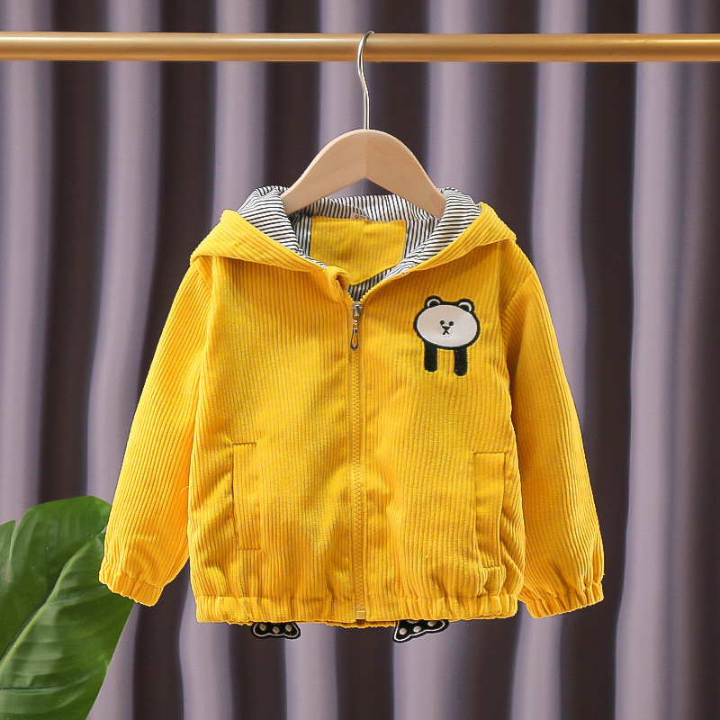 Unisex dječja jakna od korduroja s izvezene medvjedić, kapuljača, jesen 2024