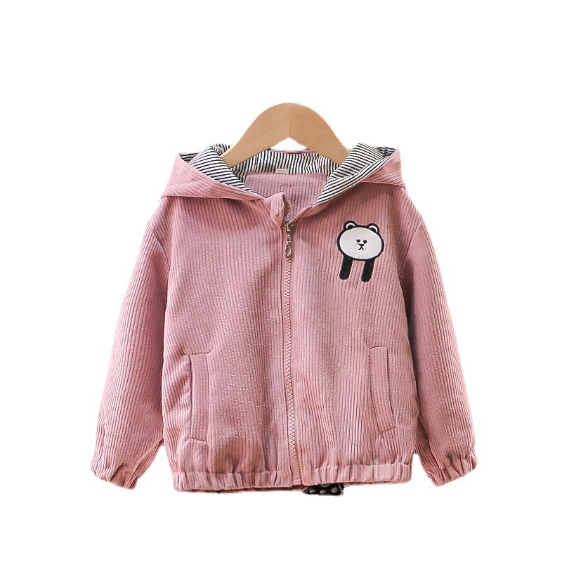 Unisex dječja jakna od korduroja s izvezene medvjedić, kapuljača, jesen 2024
