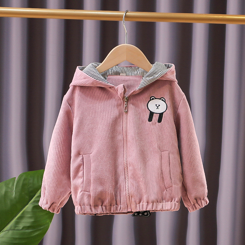 Unisex dječja jakna od korduroja s izvezene medvjedić, kapuljača, jesen 2024