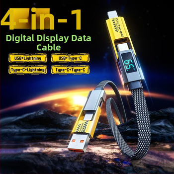 Štvorkábľový dátový kábel s digitálnym displejom pre iPhone a Huawei Mate70, Lightning a USB-C, 100W PD rýchle nabíjanie, zinková zliatina