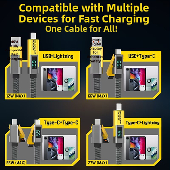 Четири в едно мултикабел с цифров дисплей за iPhone и Huawei Mate70, Lightning и USB-C, 100W PD бързо зареждане, цинкова сплав