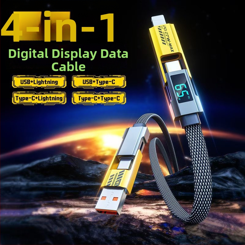 Cablu de date 4 în 1 cu afișaj digital pentru iPhone și Huawei Mate70, Lightning și USB-C, încărcare rapidă PD 100W, aliaj de zinc