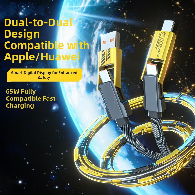 Štvorkábľový dátový kábel s digitálnym displejom pre iPhone a Huawei Mate70, Lightning a USB-C, 100W PD rýchle nabíjanie, zinková zliatina