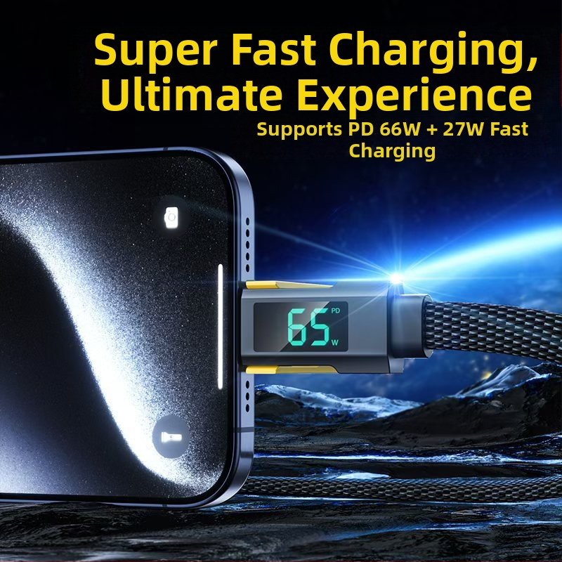 Štvorkábľový dátový kábel s digitálnym displejom pre iPhone a Huawei Mate70, Lightning a USB-C, 100W PD rýchle nabíjanie, zinková zliatina