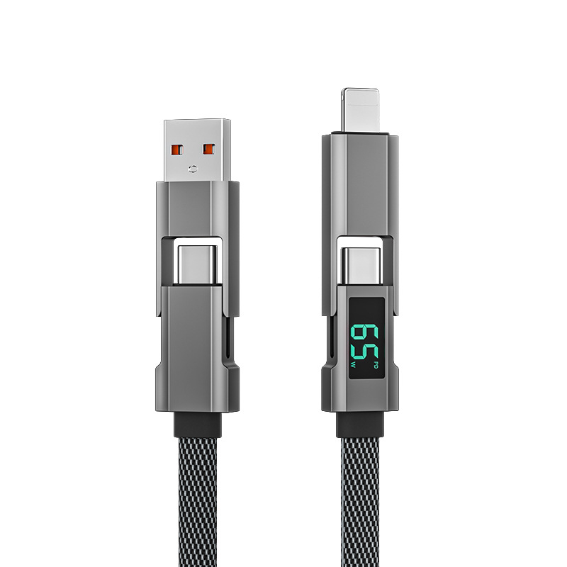 Štvorkábľový dátový kábel s digitálnym displejom pre iPhone a Huawei Mate70, Lightning a USB-C, 100W PD rýchle nabíjanie, zinková zliatina
