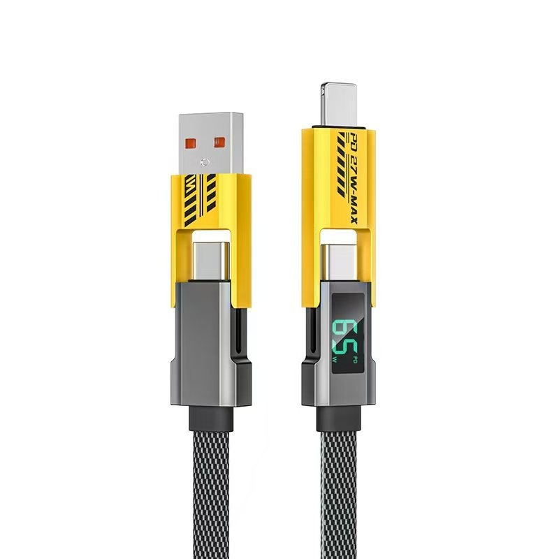 Štvorkábľový dátový kábel s digitálnym displejom pre iPhone a Huawei Mate70, Lightning a USB-C, 100W PD rýchle nabíjanie, zinková zliatina