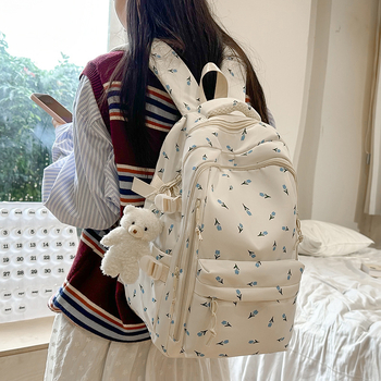 Dámsky batoh v štýle kolégia, kvetinový vzor, nylon, objem 20–35 L, vhodný pre 14-palcový notebook, zakrivené ramenné popruhy