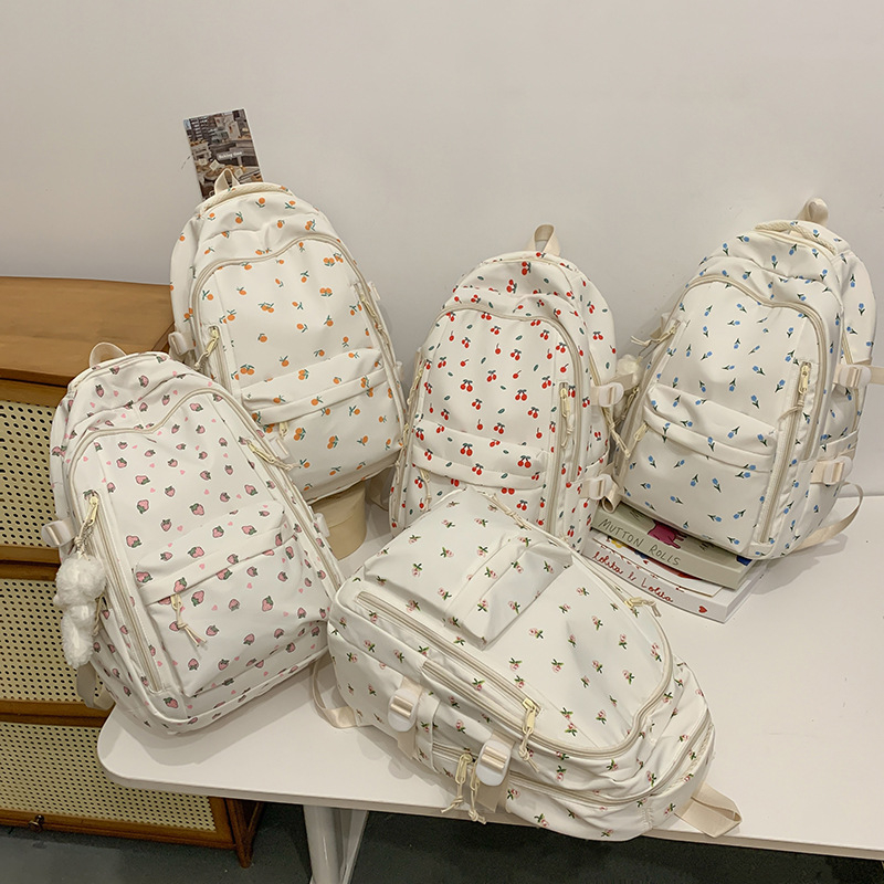 Dámsky batoh v štýle kolégia, kvetinový vzor, nylon, objem 20–35 L, vhodný pre 14-palcový notebook, zakrivené ramenné popruhy