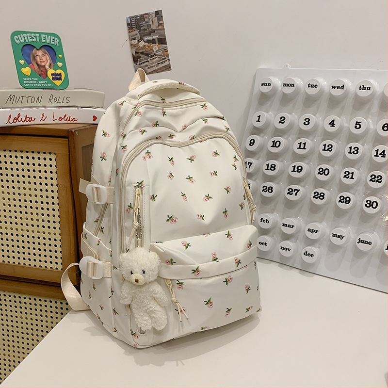 Dámsky batoh v štýle kolégia, kvetinový vzor, nylon, objem 20–35 L, vhodný pre 14-palcový notebook, zakrivené ramenné popruhy