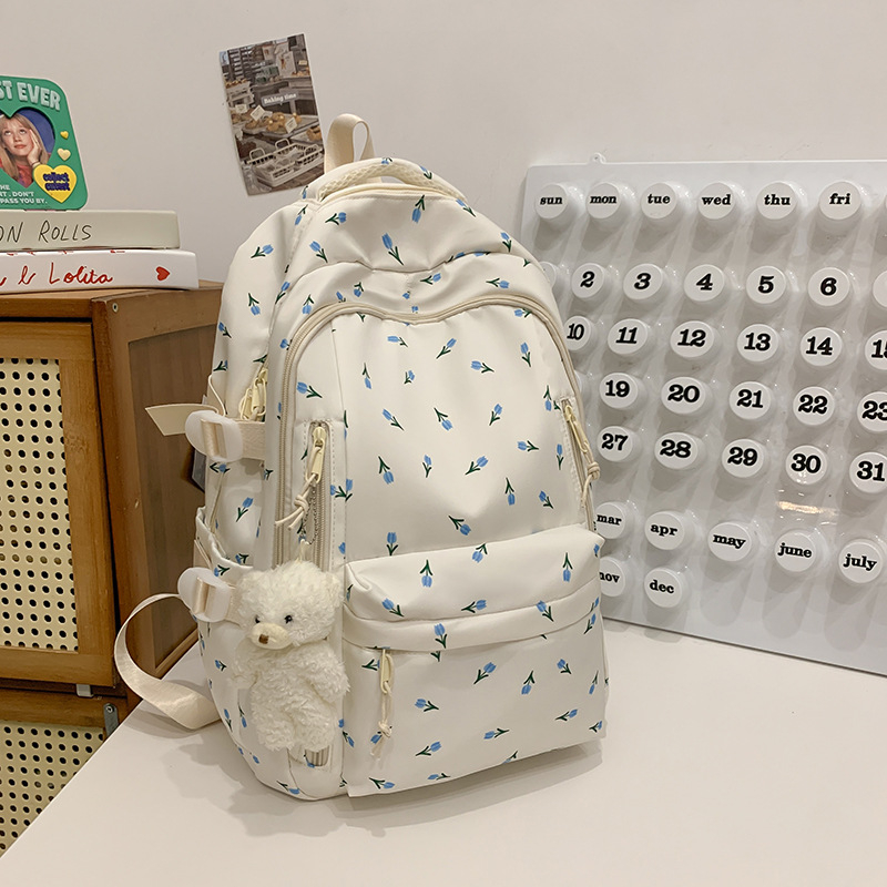 Dámsky batoh v štýle kolégia, kvetinový vzor, nylon, objem 20–35 L, vhodný pre 14-palcový notebook, zakrivené ramenné popruhy